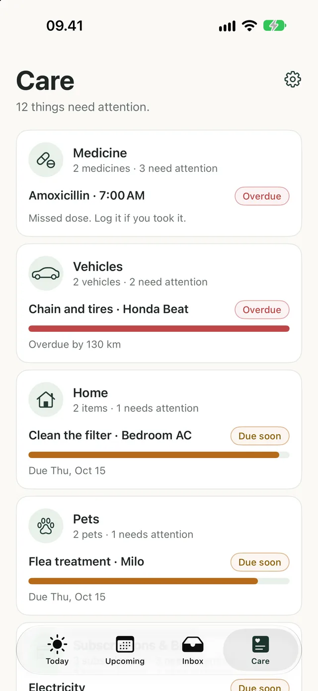 The Care screen: Medicine overdue, chain and tires on the Honda Beat overdue, the bedroom AC filter and Milo's flea treatment due soon.